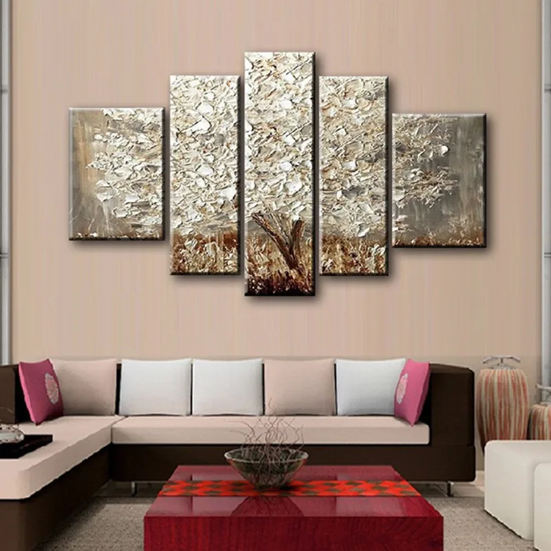 

Gifts Hand Painted Abstract Oil Paintings on Canvas Large 5 Panel Knife Silver Tree Painting Modern Home Decor Wall Art Pictures