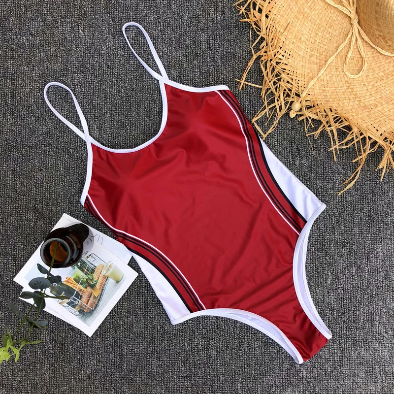 Vertical Striped Patchwork Sport Women One Piece Swimsuit Adjustable