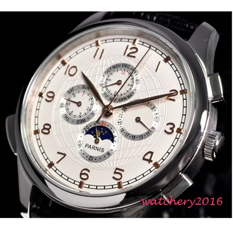 

44mm parnis White Dial Moon Phase Rose Golden Plated Hands Date Day Stainless Steel Case Automatic Movement Men's Watch