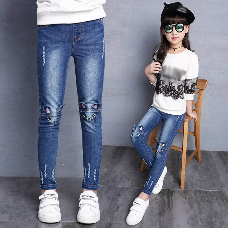 Girls Jeans Hole Lovely Cat Kids Pants Casual Slim Thick Velvet Trousers Children Clothes Brand