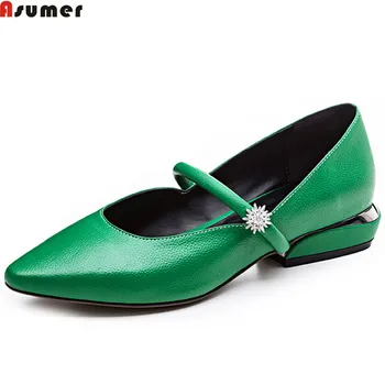 

Asumer black green white fashion spring autumn new shoes woman pointed toe buckle shallow low heel casual genuine leather shoes
