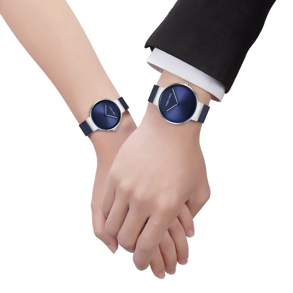 

Luxury Ultra Thin Stainless Steel Mesh Band Quartz Men Wristwatch Angela Bos Brand Women Fashion Dress Watches lovers' watch