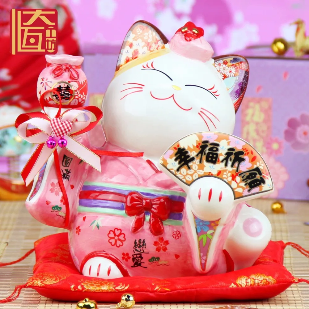 Одна пара Керамика Lucky Cat Большой орнамент пара Копилка синий розовый удачи украшения свадебный подарок