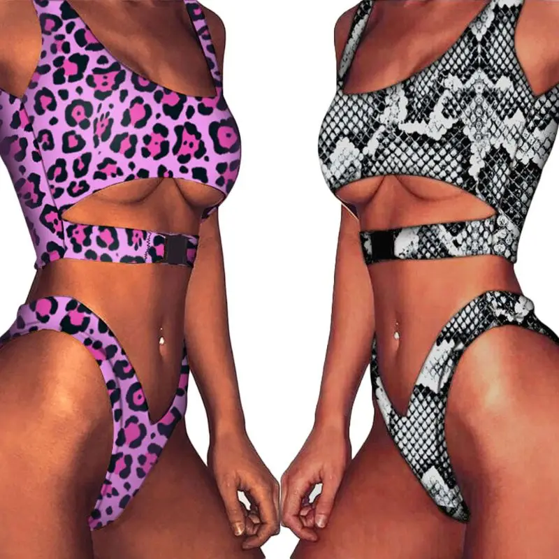 

Women Sexy Two-Piece Bikini Set Leopard Snakeskin Printed Swimsuit Hollow Out Bra Quick Release Buckle Low Waist Beachwear New