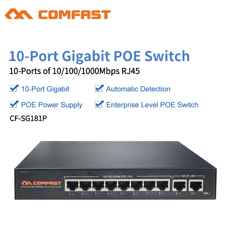 Comfast 10 Port 10/100/1000Mbps RJ45 Gigabit Enterprise Level POE Switch 802.af/at Automatic Detection Power over Ethernet POE
