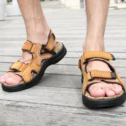 Мужские летние сандалии из натуральной кожи; Мужская Повседневная пляжная обувь в винтажном стиле; 3 цвета; Цвет черный, желтый, коричневый;