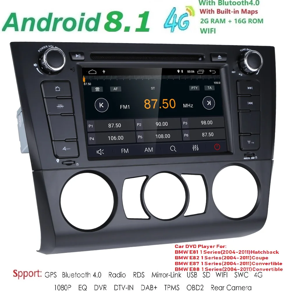 

1 Din Android 9.0 Car Radio GPS Multimedia dvd-speler Voor for BMW 1 Serie E81 E82 E87 E88 I20 2004-2011 2G Ram 16G ROM BT Wifi