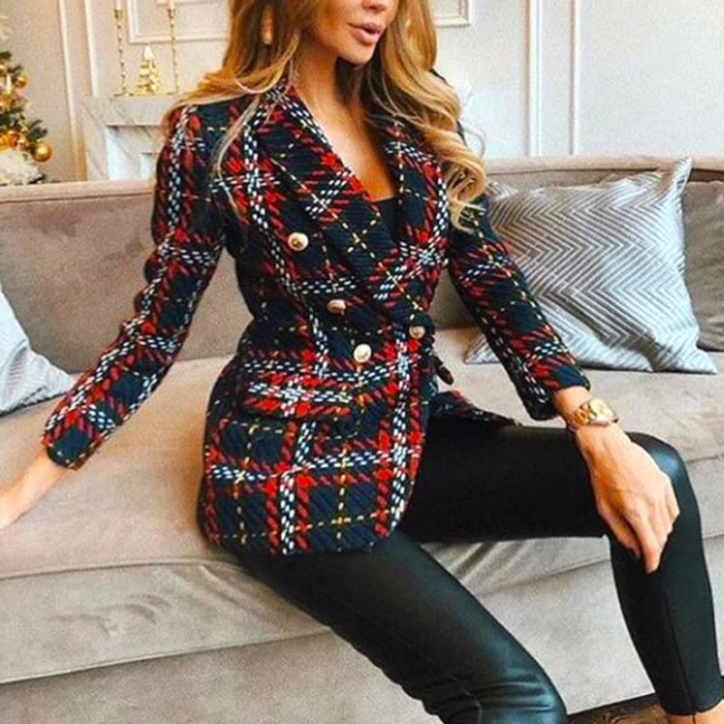 Vente Rouge Plaid Blazer 2019 femmes printemps automne Vintage Tweed costumes vestes bureau dames Chic Slim Blazers filles hauts à pompon ensemble manteau