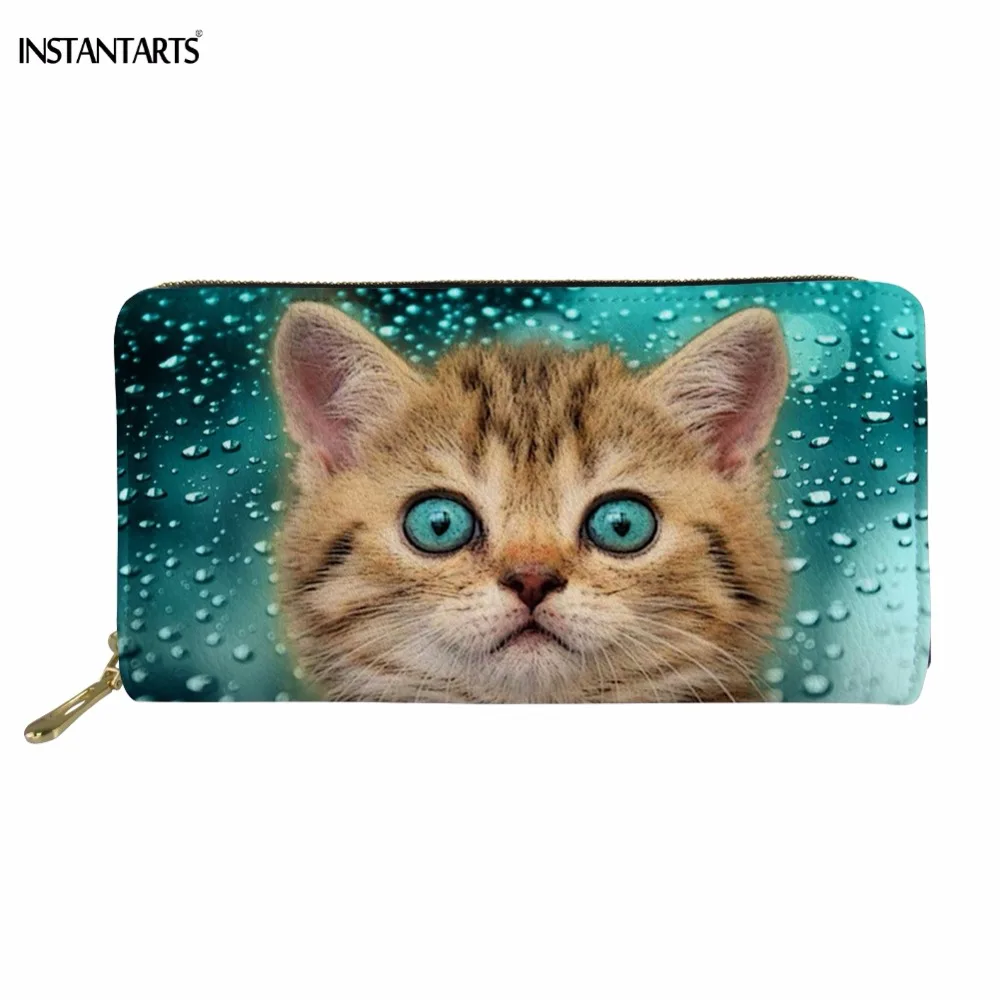 

INSTANTARTS Cute 3D Animal Cat/Kitty Print Woman Man PU Leather Wallet Brand Designer Womens Zipper Card Holder Cash Money Purse