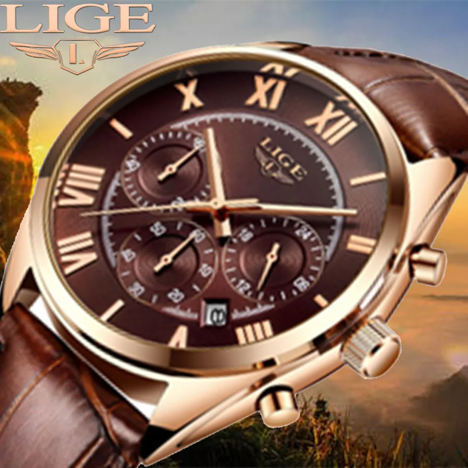 

RELOGIO MASCULINO 2020LIGE Men's Watch top Luxury Brand Rose Gold Leather Fashion Stylish Business Waterproof Quartz Chronograph