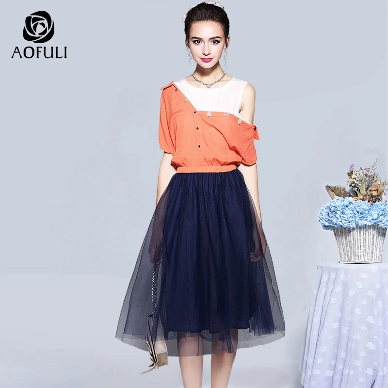 AOFULI S XXXL 4XL 5XL Stylish Fake 3 Piece Patchwork Dress Batwing