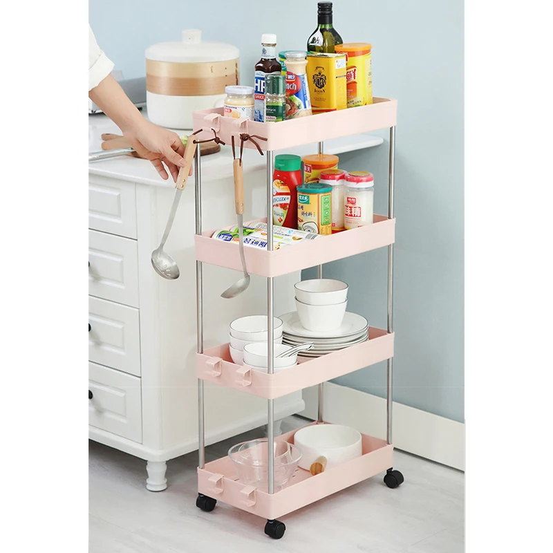 2/3/4 Layer Gap Storage Rack Kitchen Slim Slide Tower Movable Assemble Plastic Bathroom Shelf Wheels Space Saving Organizer