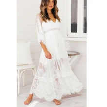 Ordifree летнее богемное Женское Платье макси с рукавом до локтя, белое кружевное длинное платье-туника, Пляжное платье