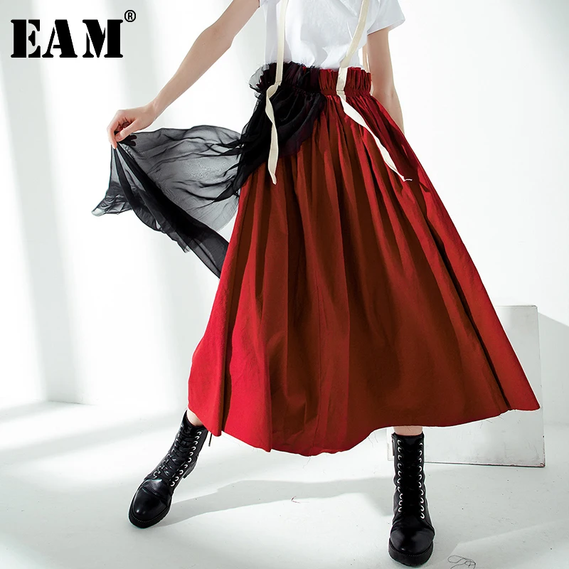 

[EAM] 2019 New Spring Summer High Elastic Waist Hit Color Wine Red Mesh Stitch Strap Half-body Skirt Women Fashion Tide JU731