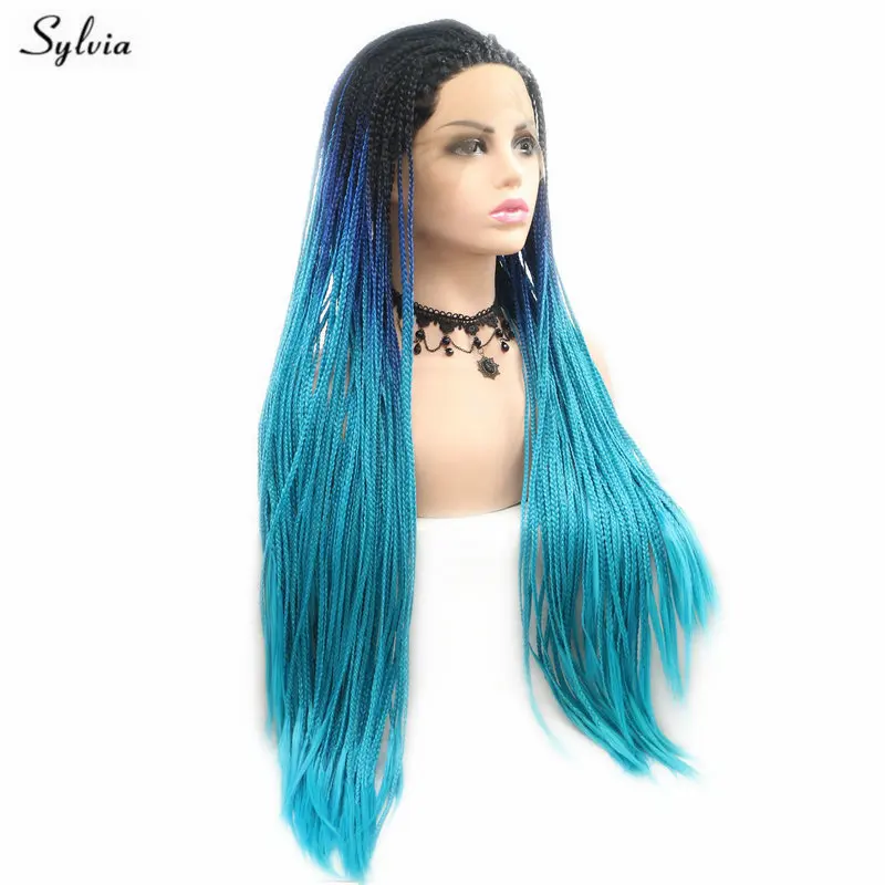 Sylvia коробка ручной работы плетеные парики синтетический Синтетические волосы на кружеве Для женщин черный парик корней до темно/светло синий парик термостойкие парики для Для женщин