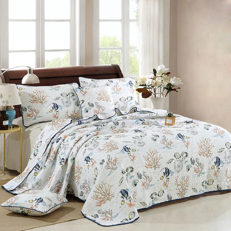 Marine Style Summer Quilt Set 3pc Bedding Cotton Quilt Bed Cover