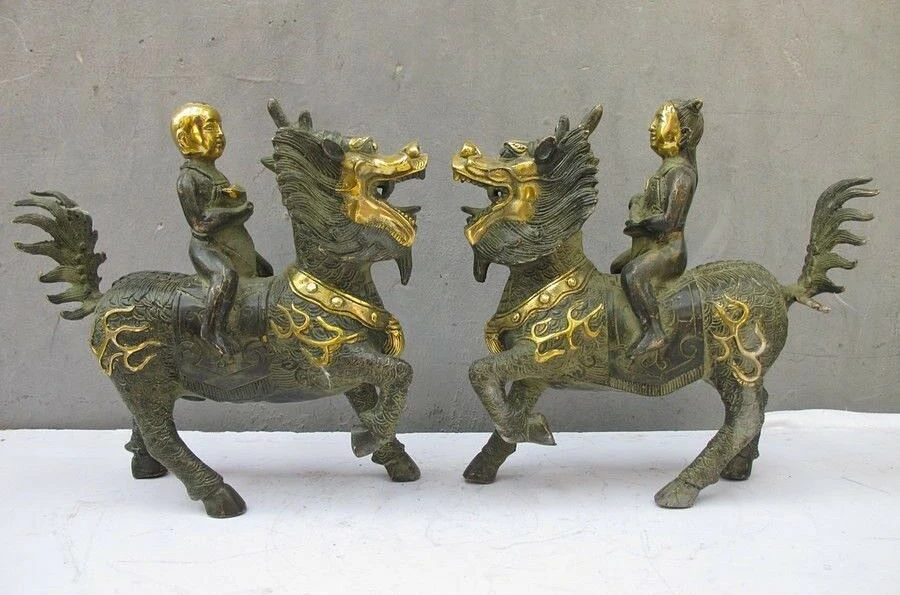 China Feng Shui Bronze Gilt Lucky Yuanbao Wealth baby Dragon kylin statue pair | Дом и сад