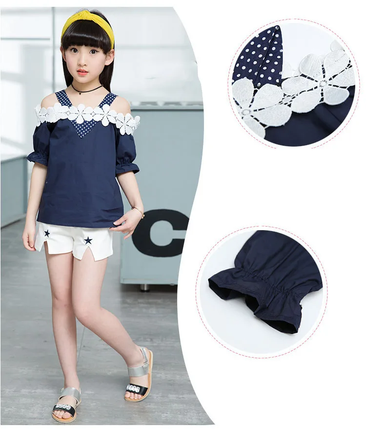 lace crochet flowers girls clothing sets 10 14 8 6 12 11 years summer 2017 clothing girls clothes sets kids blouses shorts sets (9)