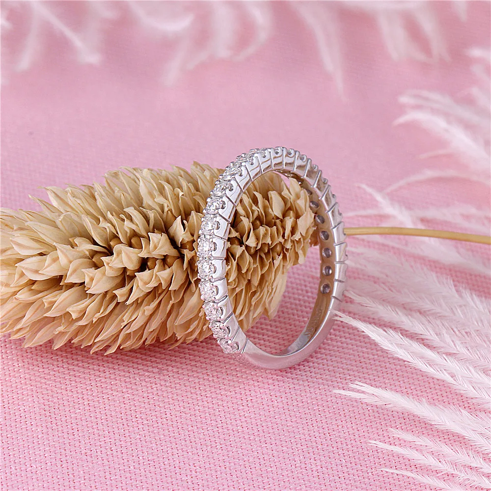 Transgems 14K 585 White Gold 0.48CTW 1.9mm Band Width 1.7mm Moissanite Half Eternity Wedding Band Stackable Band for Women