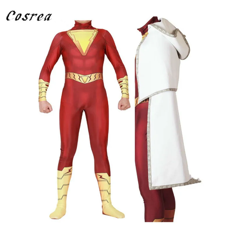 

Movie Shazam Cosplay Costumes Billy Batson Costume Cloak Suit with Brooch Superhero Bodysuit Halloween Costume Adult Men Kids