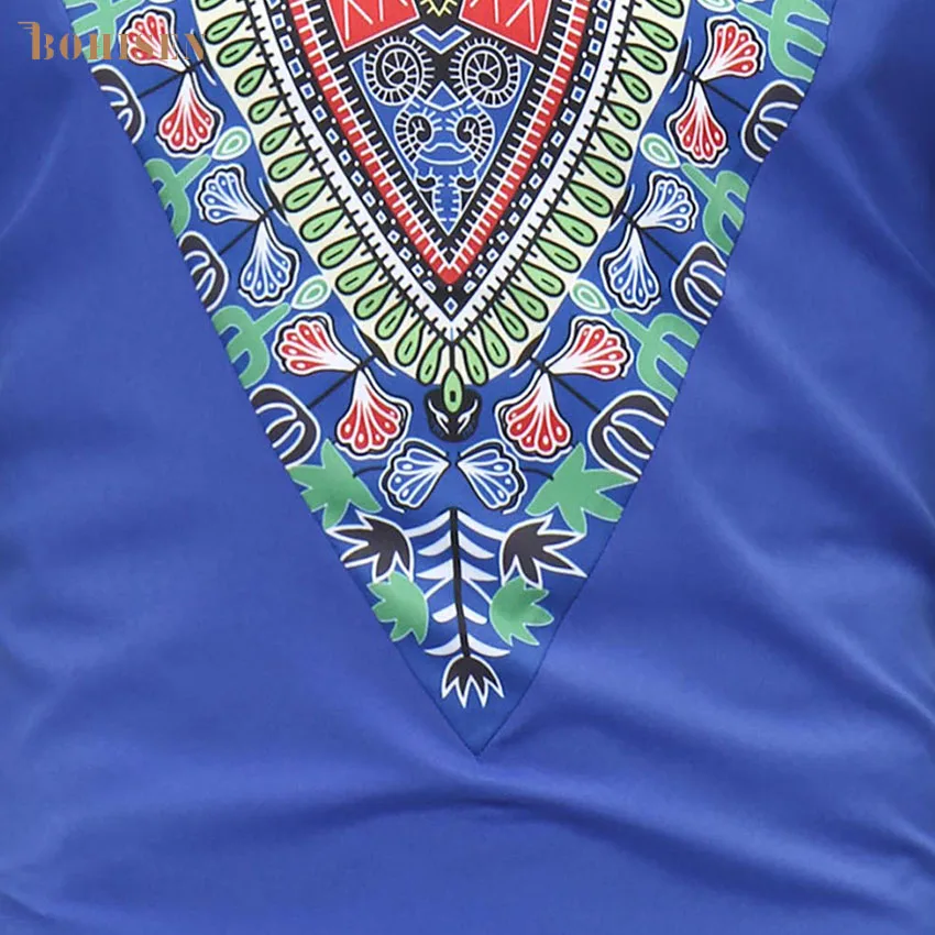 BOHISEN African Men Clothes Dashiki African Traditional Print Blue Slim Formal Dress Short Sleeve Male Clothing