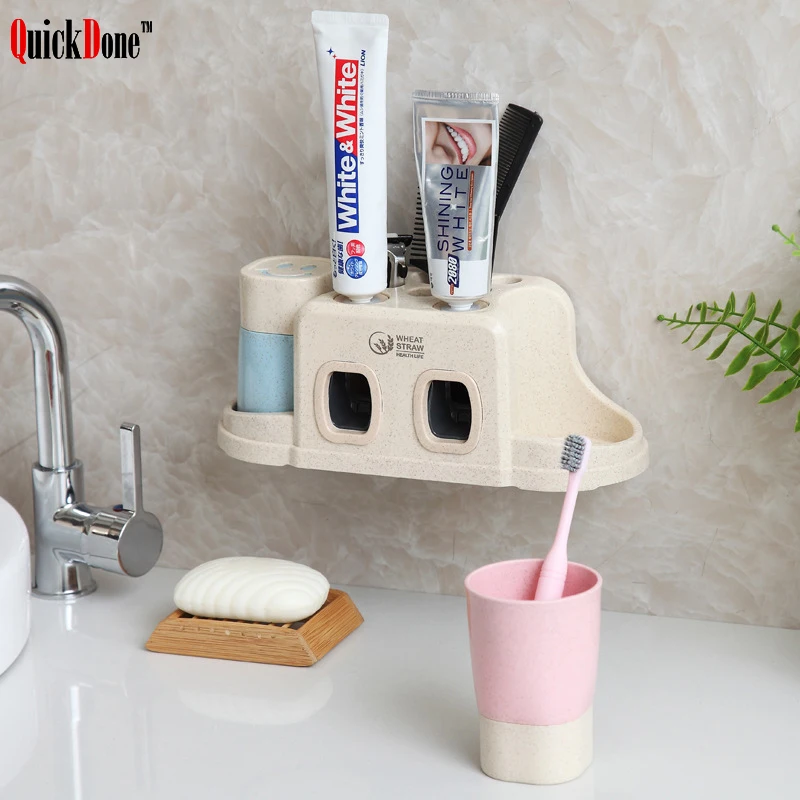 QuickDone 3 أنواع معجون الأسنان موزع + الأسنان كوب مجموعة فرشاة الأسنان تخزين الرف الحائط زوجين غسل الحمام حامل NDK0231