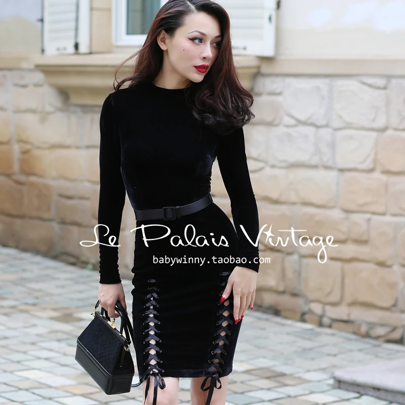 

40- le palais vintage velvet long sleeve side slit ribbon wiggle pencil dress in black women pinup plus size vestidos jurken