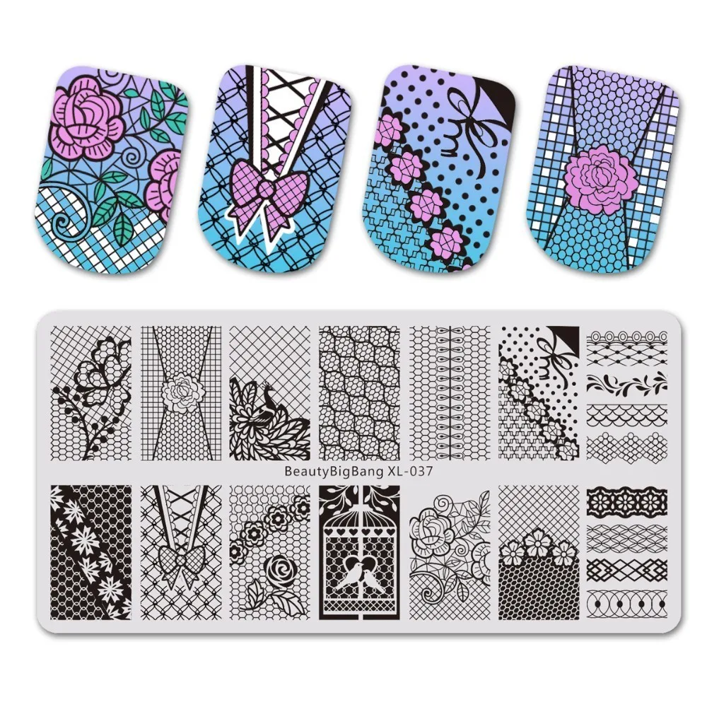 

BEAUTYBIGBANG 6*12cm Nail Art Stamping Plates Lace Flowers Pattern Polish Stamp New Arrival Templates Manicure Nail Plate XL-037
