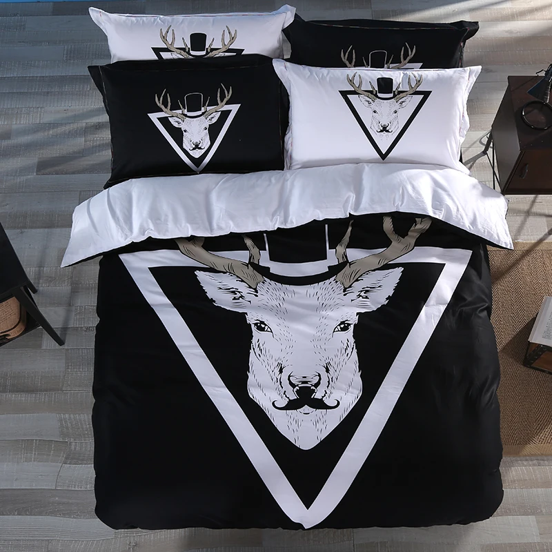 

New Arrival Hat Antelope Print 100% Cotton Bedding Set 3/4pcs Duvet Cover Bed Sheet Pillowcase Black White Bedclothes King Queen