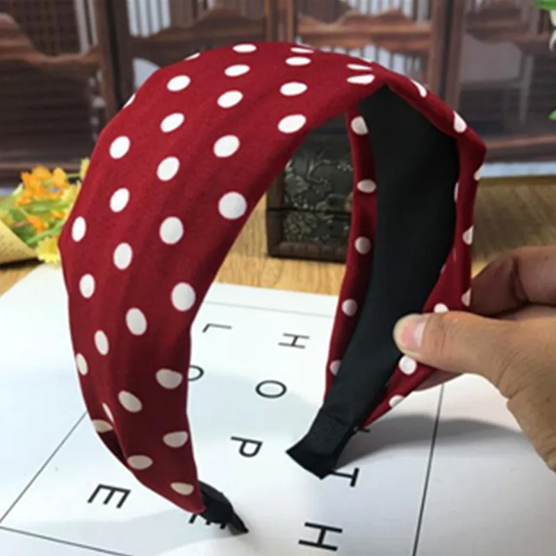 New Plain Headband with Dots Print Women Cotton Fabric Covered Wide
