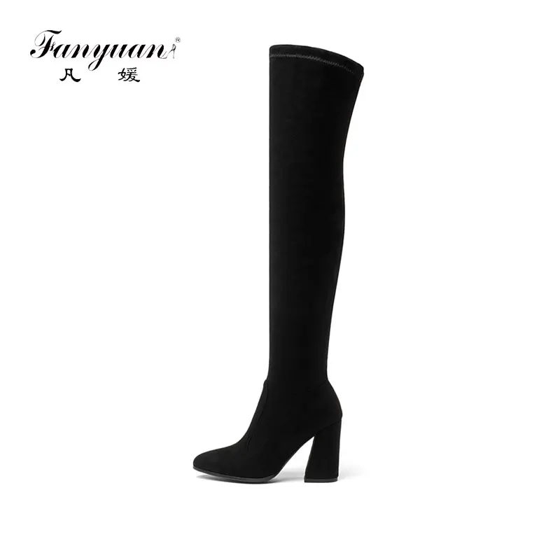

Fanyuan Fashion Flock multiple colour Boots Sexy Over-The-Knee Boots Round Toe Thick High Heel Boots Ladies Slip-On Solid Shoes