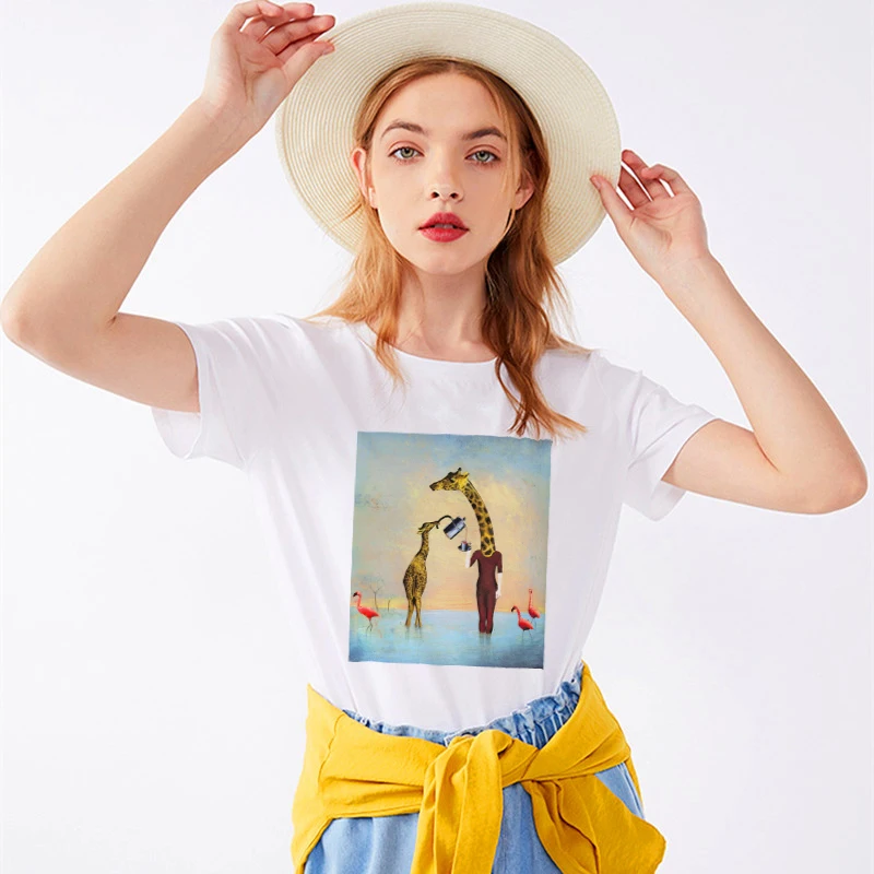 2019 Футболка женская хлопковая Harajuku Эстетическая пародия Жирафы кофейная