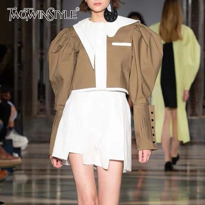 TWOTWINSTYLE элегантный хит цвет куртка для женщин нерегулярный воротник с отворотом короткий рукав фонаря пальто Женская мода лето
