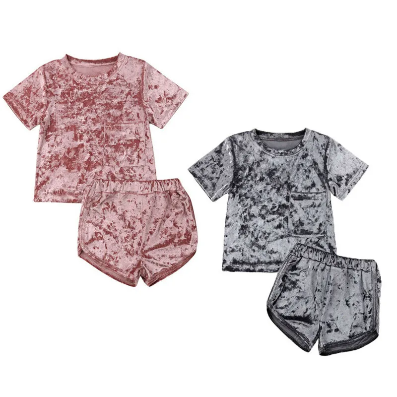 

6M-5Y Kids Baby Girl Boy Velet Clothes Sets Summer Casual Solid 2Pcs Short Sleeve O-Neck Tops Elastic Waist Shorts Outfits