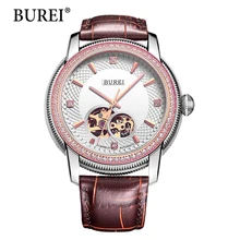 BUREI Skeleton Automatic Mechanical Watches Women Men Unisex Diamond Sapphire Hour Genuine Leather Strap Waterproof 50m Hot Sale
