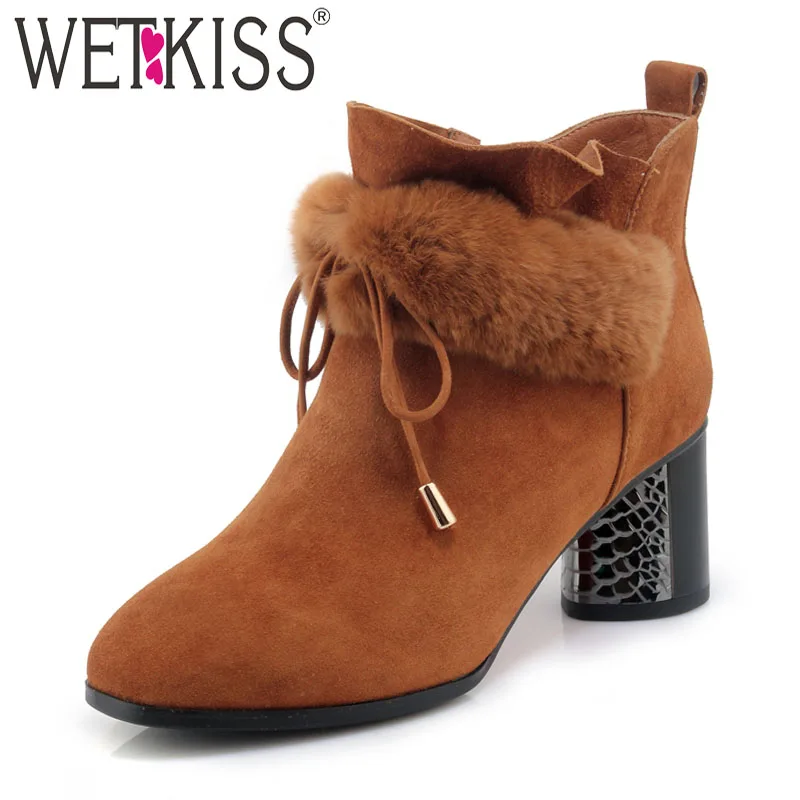 

WETKISS High Heels Ankle Boots Women Fur Cross Tied Winter Women Boots Warm 2018 New Fashion Ladies Shoes Round Toe Footwear