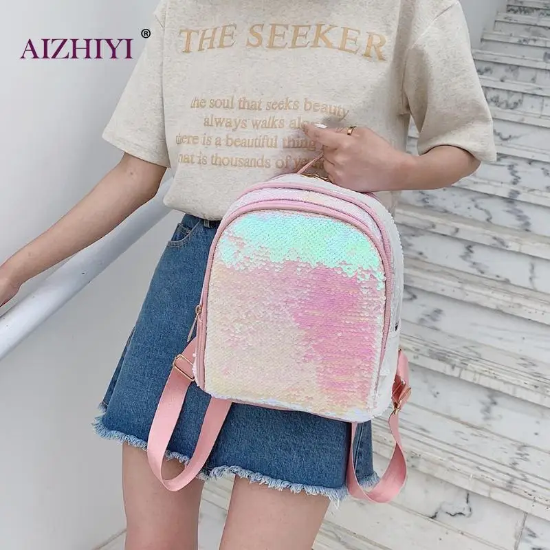 

Fashion Women's Shinning Glitter Bling Backpack Sequins PU Leather Mini Backpack Preppy Travel School Bag mochila mujer 2019new