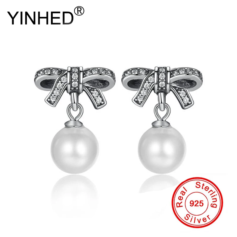 YINHED Модные Винтажные 925 серебряные ювелирные изделия микро CZ бант жемчужные серьги гвоздики для женщин подарок на день рождения ZE086