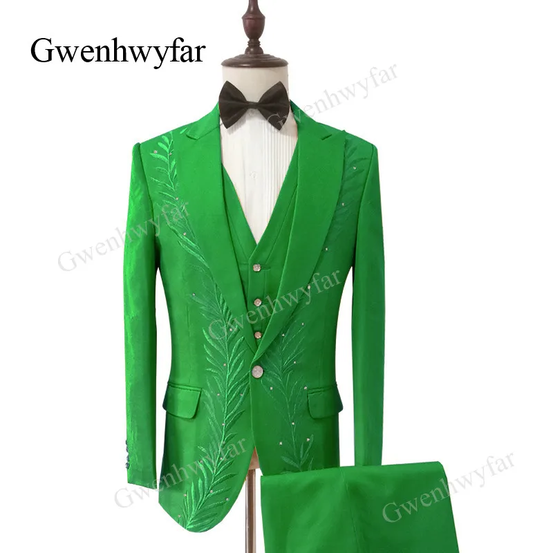 Gwenhwyfar Новое поступление 2018 брендовый костюм мужской зеленый смокинг с вышивкой
