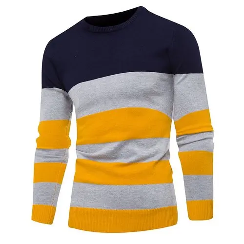 Свитер мужской осень модный Повседневный свитер с высоким воротником в полоску вязаный теплый свитер - Цвет: Navy