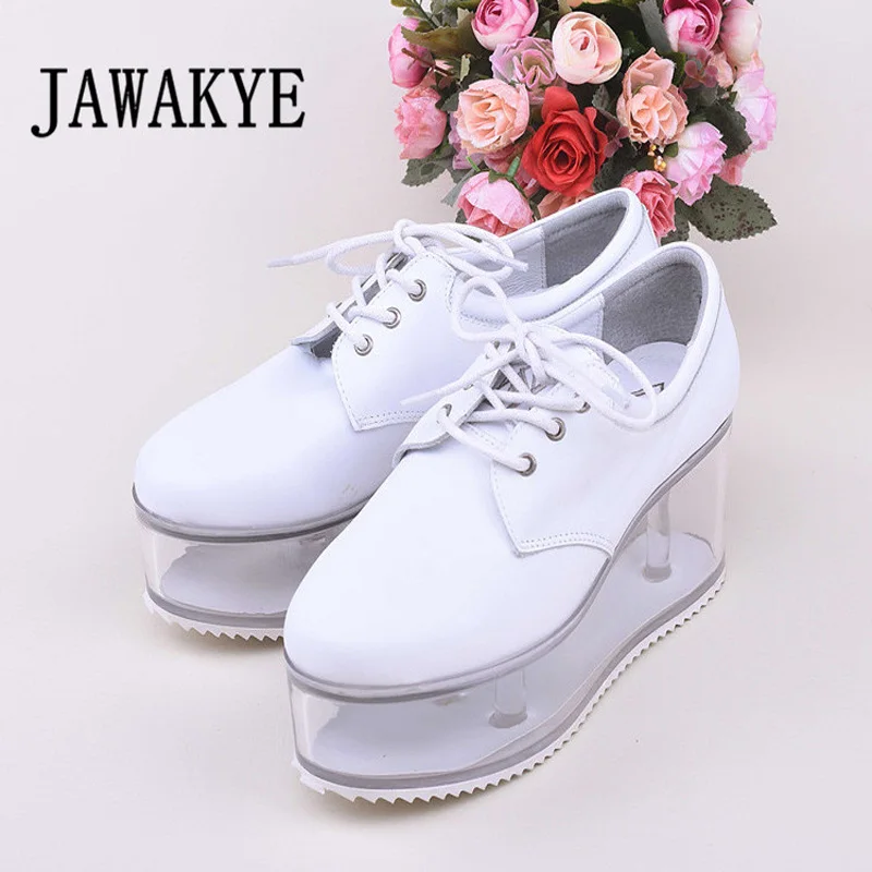 

2019 Newest Genuine Leather Clear High Heels Women Shoes Round Toe Lace up Thick bottom Flat Platform Shoes ladies Casual Shoes