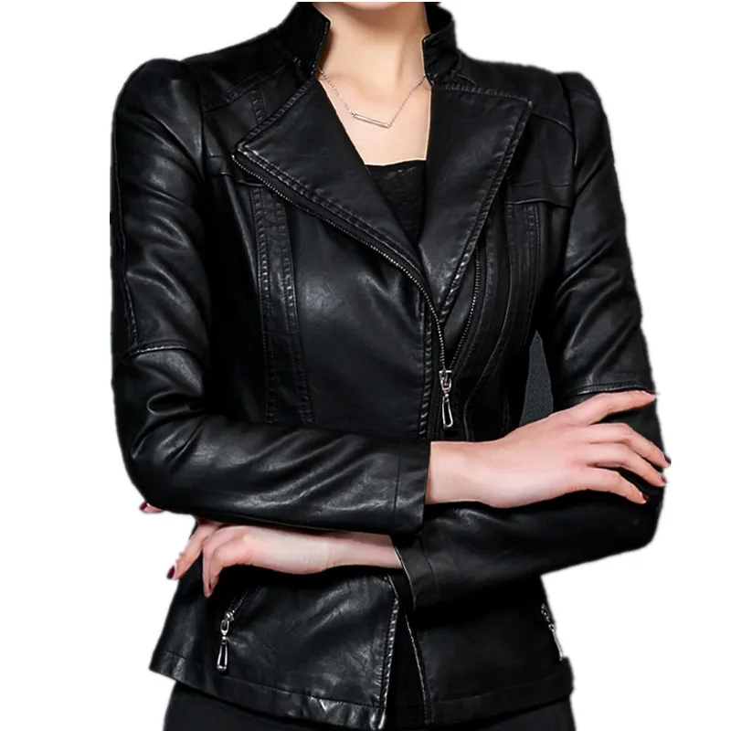 Женская куртка из искусственной кожи размера плюс 4XL 5XL, весенние куртки на молнии, черная куртка-бомбер из искусственной кожи, мотоциклетная верхняя одежда C3260 - Цвет: black
