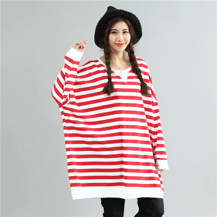 2017 Autumn Women Oversized T-shirt Korean Fashion Striped Cotton O Neck Long Sleeve T-shirt Plus Size Blue Red Black T Shirt