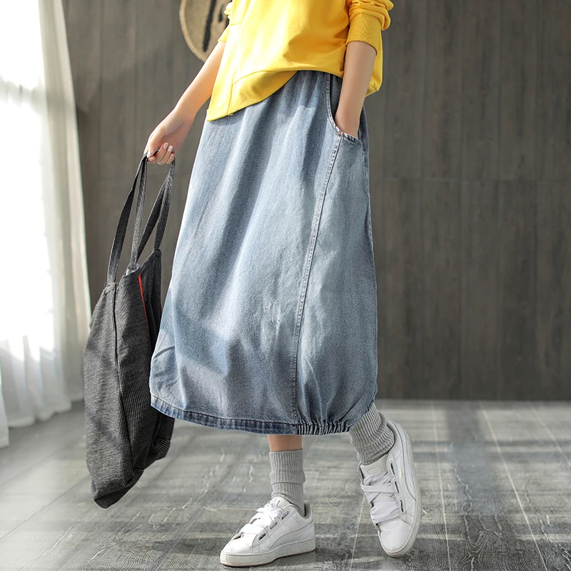 Spring Autumn Skirt Fashion Women Large size Denim skirt New Ladies Elastic Waist pocket Bleached Mori girl Casual Loose skirt