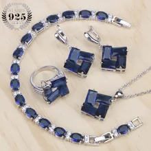 Синий кубический цирконий, ювелирный костюм, наборы, для невесты, для женщин, серебро 925, ювелирное изделие, кольцо, браслет, подвеска, серьги и ожерелье, набор, подарки