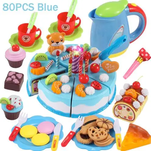 80 шт. кухонные игрушки, ролевые игры, режущий торт на день рождения, пищевая игрушка, кухня для детей, Cocina De Juguete, пластиковый игровой чайный набор для еды - Цвет: 80pcs blue