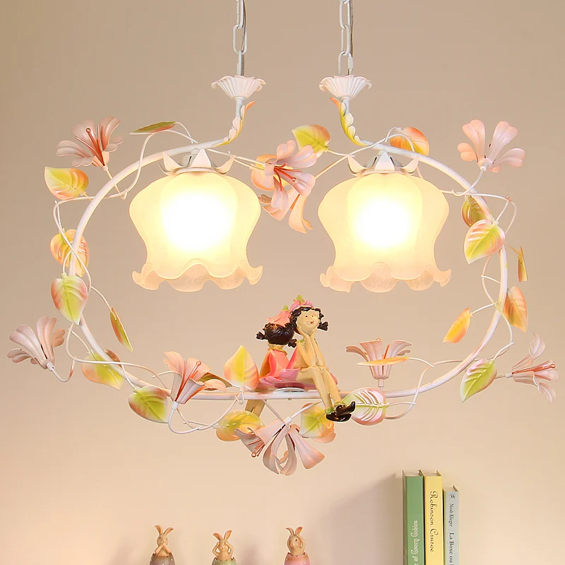 

Pastoral romantic style Korean wrought iron pendant light pink rose flower bedroom dining room hanging lighting lamp