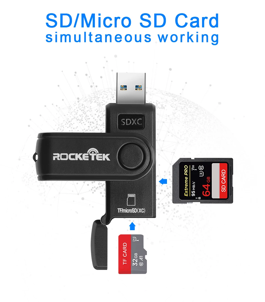 Rocketek считывание 2 карт usb 3,0 мульти 2 в 1 устройство для чтения карт памяти Адаптер для SD/TF micro SD компьютер Ноутбук аксессуары