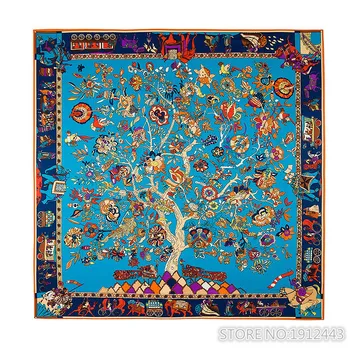 

130cm*130cm 100% Pure Silk Euro Brand Style Women Bohemia National Wind Tree and Elephant Silk Square Scarf Femal Fashion Shawls