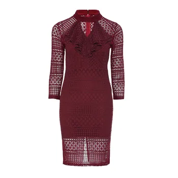 

Nice Burgundy Split Bodycon Dress Women Nice New High Waist Ruffled Party Formal Elegant Female Hollow Lace Sexy Midi Dresses